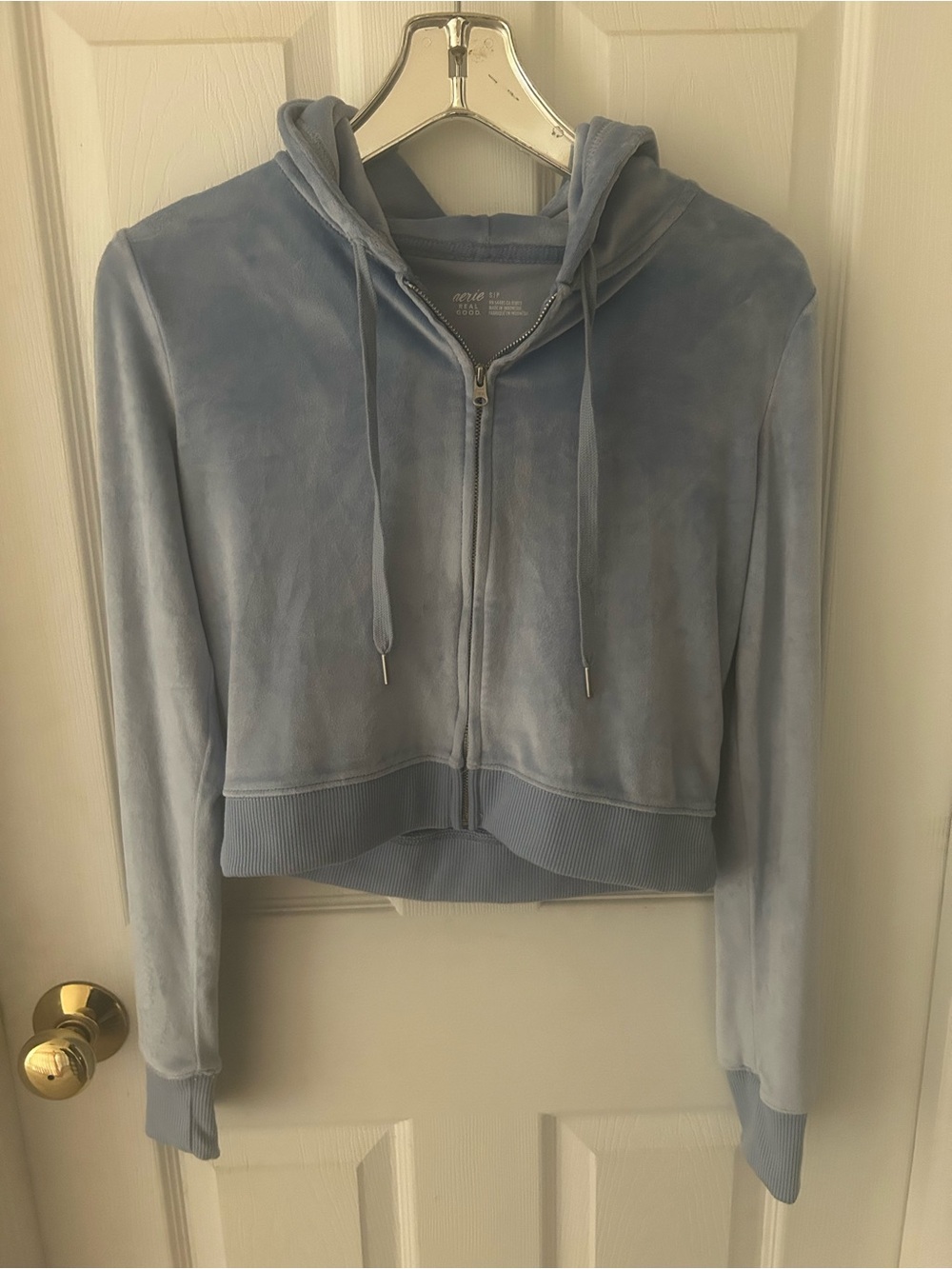 aerie Light Blue Velour Zip-Up Hoodie